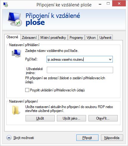 Vzdálená plocha - zadání IP adresy routeru