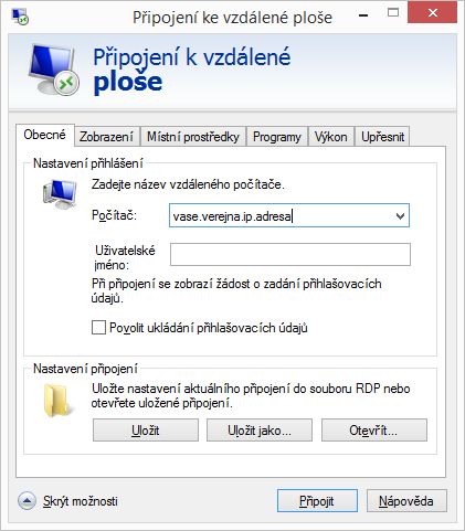 Vzdálená plocha - zadání veřejné IP adresy